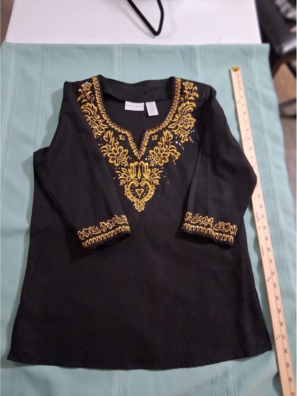 Jaclyn Smith Black Linen Blend Tunic with Gold Embroidery, Size Small